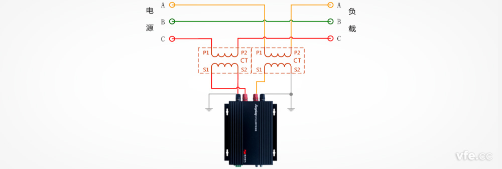 DT122数字变送器与两个单相电流互感器测量三相电压接线图