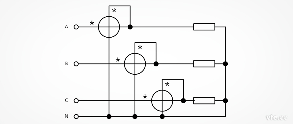 三相四线制电功率测量时的SP系列变频功率传感器接线图(三瓦计法)